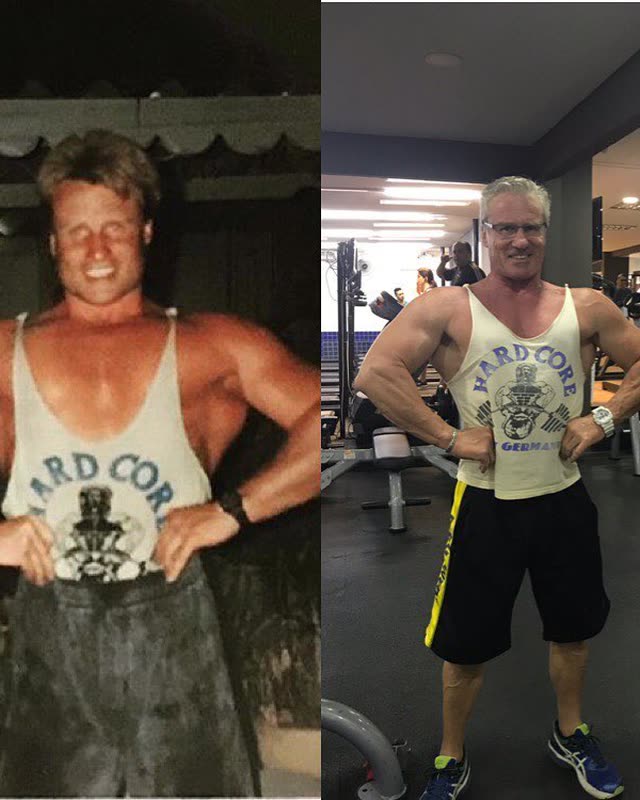 Michael Seitel 1994 und 2019 im gleichen Shirt und in der gleichen Pose, nebeneinander